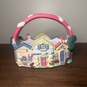 Vintage Ceramic Easter Basket 1995 ABC Distributing Bunny Rabbit Village Rainbow